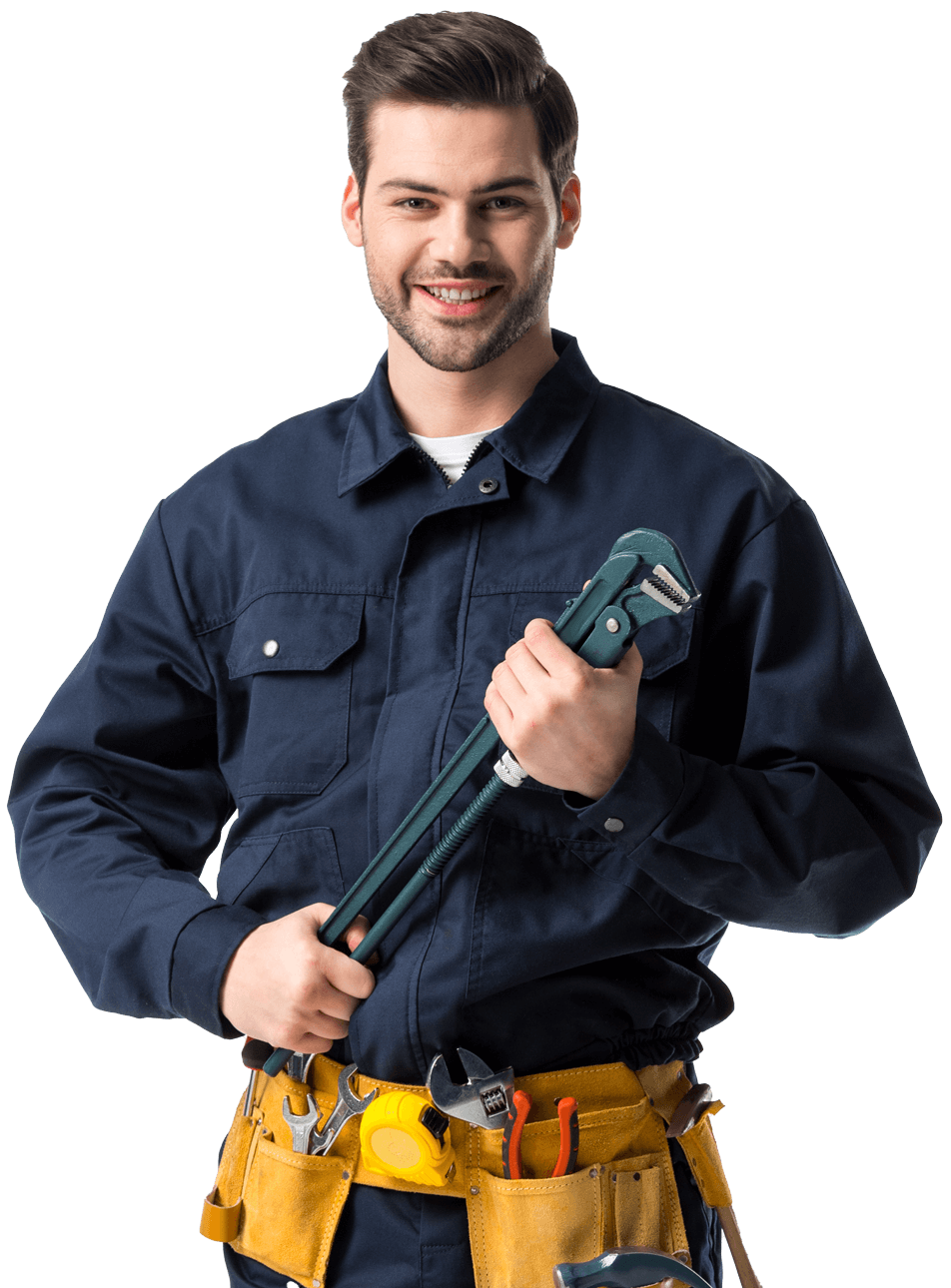 Plumber wearing a toolbelt and holding a wrench