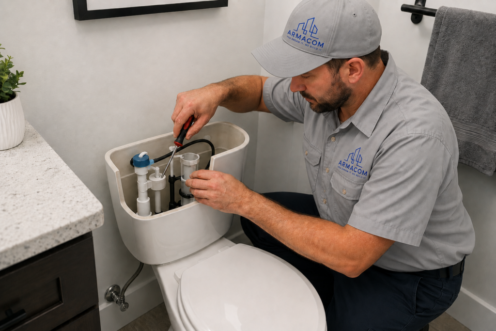 Plumber repairing a running toilet in Chilliwack