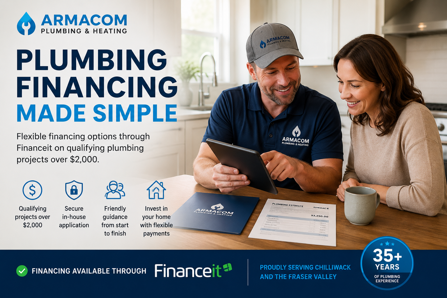 Armacom Plumbing Financing Chilliwack technician discussing Financeit financing options with homeowner
